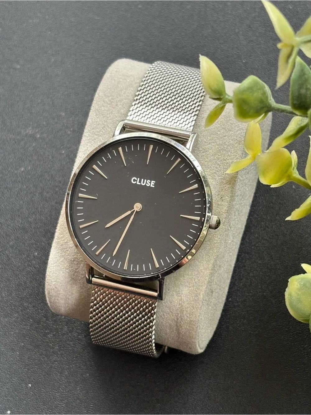 Men's Silver Mesh Bracelet Watch with Black Dial